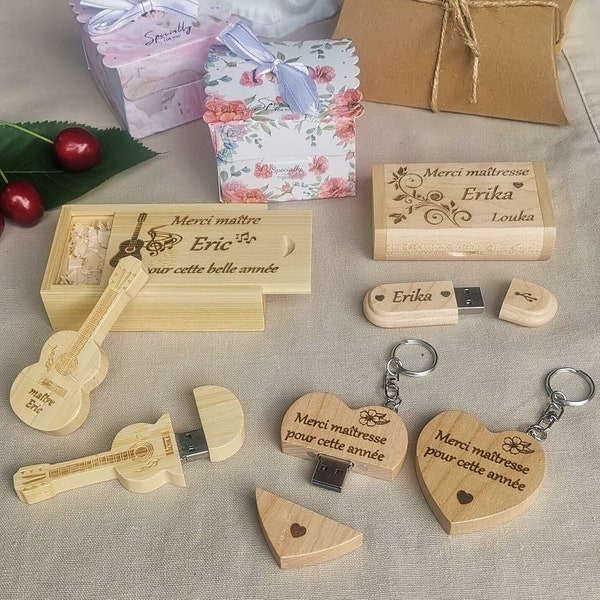 Clé USB 32 GO en bois personnalisée. Coffret guitare ou porte clé coeur, Cadeau homme ou femme Saint Valentin, anniversaire, mariage, couple