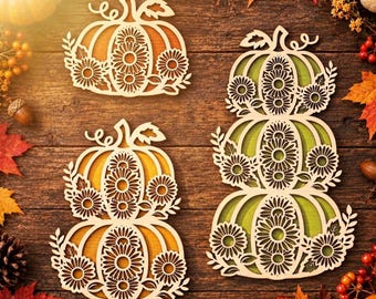 Floral Pumpkins SVG Bundle – 3 Stacked Autumn Halloween Designs | Laser Cut DXF AI Files for Glowforge xTool