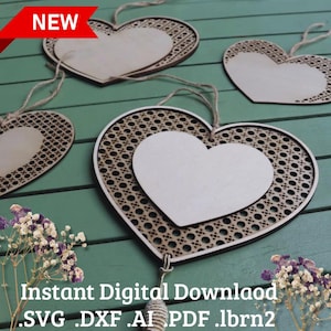 Fichier SVG Coeurs Motif Rotin – 6 Modèles + Pattern – Décoration murale ou suspension – Rattan Bundle Laser Cut File Glowforge Xtool Cricut
