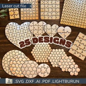 Puede incluir: Una colección de rompecabezas de madera cortados con láser en varias formas, incluyendo corazones, círculos y hexágonos. La imagen presenta el texto "Laser cut file" y "25 DESIGNS". Los rompecabezas son de madera clara y están sobre una superficie de madera.