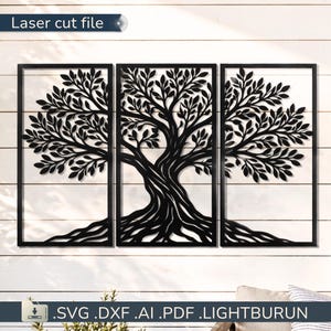 May include: Black metal tree wall art in a triptych design. The tree features a detailed trunk, branches, and leaves, all within a rectangular frame. The words "Laser cut file" are in the top left corner. The bottom of the image shows file type options.