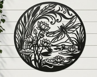 Dragonfly Water Lily Pond SVG, Outdoor Garden & Patio Wall Decor Sign, Nature Scene | Laser Cut DXF SVG File for Cricut Glowforge cnc