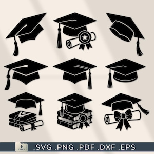 Peut inclure: Un ensemble de neuf icônes en silhouette noire représentant des toques de diplômés, certaines accompagnées de diplômes roulés, de livres ou de nœuds décoratifs. Les motifs sont disposés en grille sur un fond clair avec du texte.