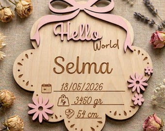 Girl Hello World Birth Announcement SVG | Floral Baby Name Sign Laser Cut File | Wooden Nursery Decor DXF Glowforge xTool