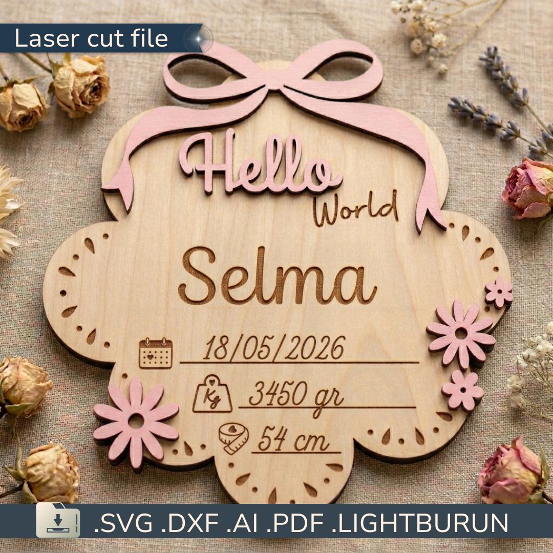 Girl Hello World Birth Announcement SVG | Floral Baby Name Sign Laser ...