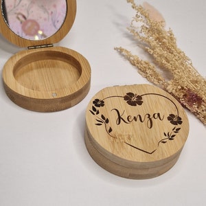 Miroir de poche en bois 2 en 1, boite coffret à bijoux personnalisé, gravure en arabe ou français, cadeau fille, femme, maman,  anniversaire