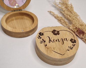 Miroir de poche en bois 2 en 1, boite coffret à bijoux personnalisé, gravure en arabe ou français, cadeau fille, femme, maman,  anniversaire