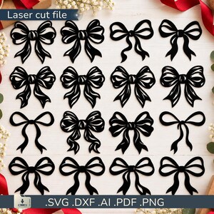 May include: A digital collection of sixteen black bow silhouettes arranged in a four-by-four grid. Each bow features a unique shape and style, ranging from simple loops to detailed ribbons. The text Laser cut file and SVG .DXF .AI .PDF .PNG is visible.