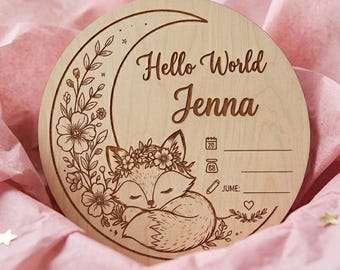 Fox Floral Birth Announcement SVG | Baby Girl Hello World Name Sign | Personalized Gift | DXF Laser Cut File Glowforge Xtool