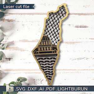 Puede incluir: Archivo de corte láser de un mapa de Palestina con borde dorado. El mapa presenta un patrón de cuadros en blanco y negro, una mezquita y un patrón en blanco y negro en la parte inferior. El texto "Laser cut file" está en la parte superior. Los formatos de archivo son .SVG .DXF .AI .PDF .LIGHTBURUN.