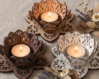 Lotus Flower Candle Holder SVG | 3D Puzzle Laser Cut File Svg DXF CNC LightBurn | Wooden Candle Holder Tealight Lantern
