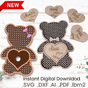 SVG Rattan Bear + Birth Month Hearts Baby Milestone Cards - plik do cięcia laserowego do dekoracji pokoju dziewczynki i chłopca - Rattan Bear Laser Cut File