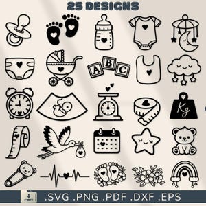 Może przedstawiać: Czarno-białe ilustracje przedstawiające elementy związane z dziećmi, w tym smoczek, odciski stóp, butelkę dla dziecka, body, karuzelę, pieluchę, wózek, klocki ABC, śliniaczek, chmurę, zegar, USG, wagę, miarkę, wagę, bociana, kalendarz, gwiazdę, misia, agrafkę, bicie serca, odciski stóp, kwiaty i tęczę. Tekst brzmi "25 WZORÓW".