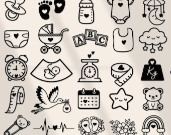 Babygeburt SVG – Set mit 25 schwarz-weißen Cliparts: Gewicht, Größe, Datum, Fußabdrücke – SVG-, PNG- und DXF-Dateien für Cricut, Silhouette und Laser