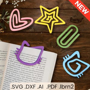 Bundle SVG Trombone Marque‑Page, Lot de 4 Fichiers Découpe Laser Étoile, Cœur, Chat, signet trombone Digital Download Bookmark SVG Glowforge