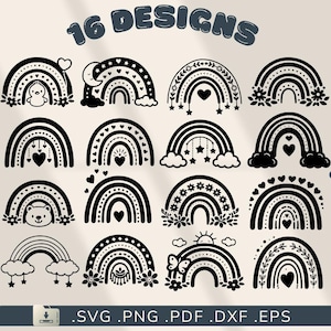Puede incluir: Una colección de 16 diseños de arcoíris en blanco y negro. Cada arcoíris presenta elementos decorativos únicos como corazones, estrellas, flores y un oso. El texto "16 DESIGNS" está en la parte superior. Formatos de archivo: .SVG, .PNG, .PDF, .DXF, .EPS.