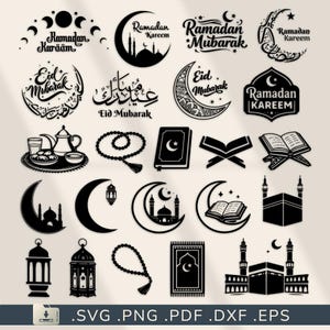 Puede incluir: Una colección de gráficos en blanco y negro con temática de Ramadán y Eid Mubarak. La imagen incluye lunas crecientes, siluetas de mezquitas, linternas, cuentas de oración, libros abiertos y texto en inglés y árabe. Formatos de archivo: .SVG .PNG .PDF .DXF .EPS.