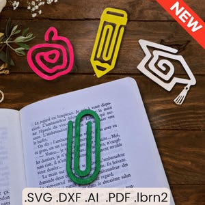 Bundel SVG Bladwijzer School Set van 4 Bladwijzers: Potlooddop Afstuderen Appel Paperclip, Bladwijzer Paperclip Leraar Cadeau Laser schattig bestand dxf
