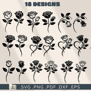 Peut inclure: Une collection de 18 motifs de roses noires, présentant diverses compositions de fleurs et de feuilles de roses. Certains motifs incluent des formes de cœur. L'image affiche également les options de type de fichier : .SVG, .PNG, .PDF, .DXF et .EPS.