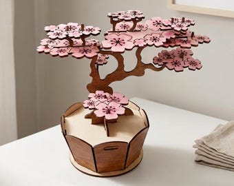 3D Wooden Bonsai SVG | Japanese Sakura Cherry Blossom Tree | 3D Decorative Plant Puzzle | Laser Cut File DXF LightBurn Glowforge CNC