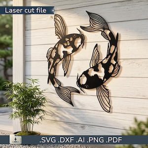 May include: A black laser cut file wall art featuring two koi fish with intricate fin details and spotted patterns. The design includes the text Laser cut file and SVG .DXF .AI .PNG .PDF at the top and bottom of the image respectively.