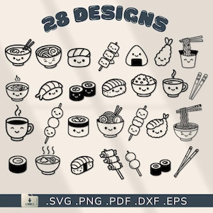 28 Kawaii Japanese Food Clipart : Sushi, Ramen, Onigiri, Dango… PNG SVG DXF Eps Pdf Files, Japan icons Silhouette Cricut Vector Illustration