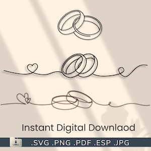 May include: Black line art illustrations of wedding rings in various arrangements. The image includes the text "Instant Digital Download" and file type extensions: .SVG .PNG .PDF .ESP .JPG.