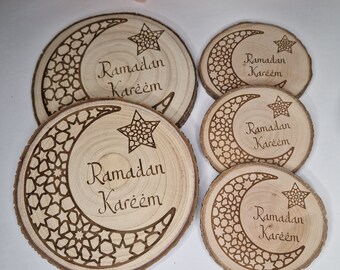 Rondin de bois gravés Ramadan Kareem, décor islamique lune etoile mosquée, dessous de plat, sous tasses personnalisés, décoration de table