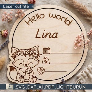 SVG-födelsekort med räv och blommor, namnskylt för flickor med Hello World-design, personlig present | DXF-laserskärningsfil med Glowforge och Xtool