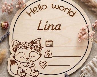 Fox Floral Birth Announcement SVG | Baby Girl Hello World Name Sign | Personalized Gift | DXF Laser Cut File Glowforge Xtool