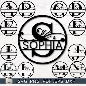 Peut inclure: Une collection de monogrammes circulaires noirs présentant diverses lettres de l'alphabet avec des ornements et une barre horizontale pour du texte personnalisé, dont un grand exemple avec le nom SOPHIA. Inclut .SVG .PNG .PDF .EPS .DXF.