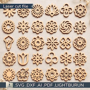 May include: A collection of laser-cut wooden floral designs in various shapes, including flowers, a tulip, and a calla lily. The text "Laser cut file" is at the top, and file type extensions are at the bottom.