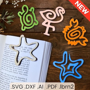 Bundle SVG Trombone Marque-Page Tropical, Lot de 4 animaux : Tortue, Flamant Rose, Étoile de Mer, Crabe, Fichier Découpe Laser dxf Glowforge