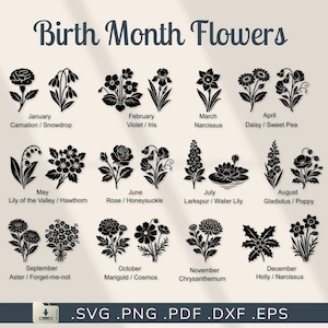 May include: A black and white graphic featuring birth month flowers. Each month is represented by a floral illustration and its name, such as "January - Carnation / Snowdrop" and "February - Violet / Iris". The image also includes file type options.