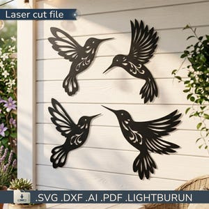 May include: Four black metal hummingbird wall art pieces. Each hummingbird is in a different pose, with intricate wing and tail details. The phrase "Laser cut file" is at the top. The bottom of the image shows file type extensions: .SVG .DXF .AI .PDF .LIGHTBURUN.