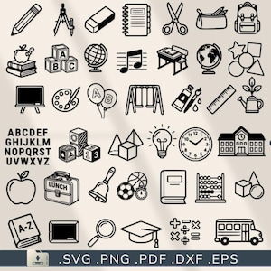 Può includere: Illustrazioni in bianco e nero di oggetti scolastici. Include una matita, compasso, gomma, quaderno, forbici, zaino, blocchi ABC, mappamondo, note musicali, scrivania, palloncini, altalene, vernice, righello, annaffiatoio, alfabeto, lampadina, orologio, scuola, mela, portapranzo, campana, libro, abaco e autobus.
