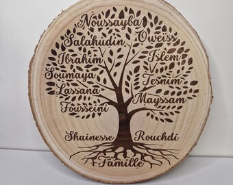 Arbre généalogique personnalisé gravé sur rondin de bois de 30cm à poser ou accrocher, cadeau de l'Aïd, fête des mères, pères, mamie, papi