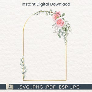 Gold Arch Frame – Pink Peonies & Eucalyptus Clipart, PNG SVG Wedding Border, Boho Invitation Frame, Printable Floral Design Watercolor