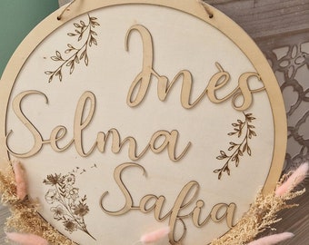 Disque prénoms en bois 35cm gravés avec fleurs séchées à suspendre, décoration maison, chambre d'enfants ou porte, mariage, anniversaire...