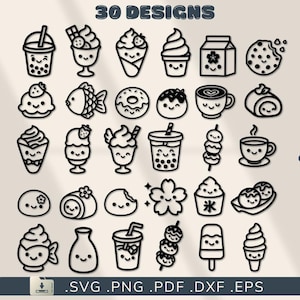 Peut inclure: Illustrations en noir et blanc de 30 modèles d'aliments et de boissons, dont du thé aux perles, de la crème glacée, des biscuits et des sushis. Le texte "30 DESIGNS" est en haut. Types de fichiers .SVG .PNG .PDF .DXF .EPS en bas.