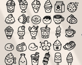 Puede incluir: Ilustraciones en blanco y negro de 30 diseños de alimentos y bebidas, incluyendo té de burbujas, helados, galletas y sushi. El texto "30 DESIGNS" está en la parte superior. Tipos de archivo .SVG .PNG .PDF .DXF .EPS en la parte inferior.