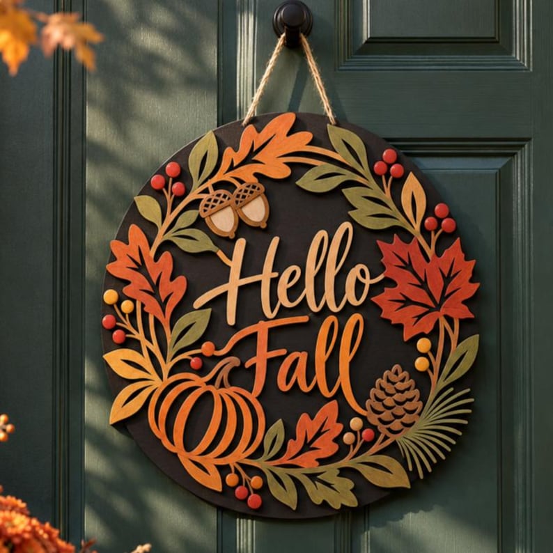 Hello Fall Wreath SVG – Autumn Door Sign With Leaves & Pumpkin | Laser ...