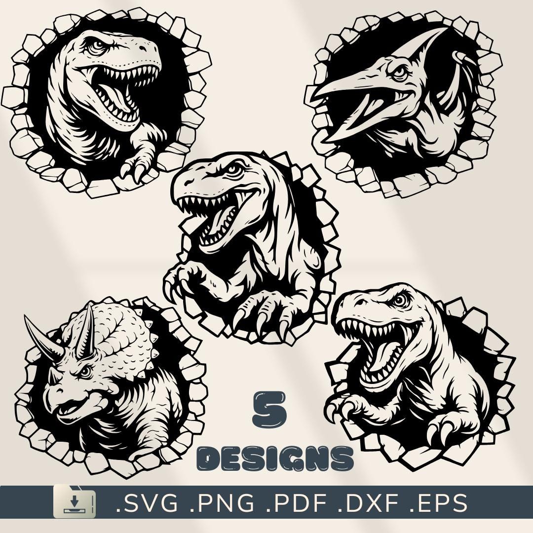 Dinosaur SVG Clipart Black & White – Tyrannosaurus T-rex Velociraptor ...