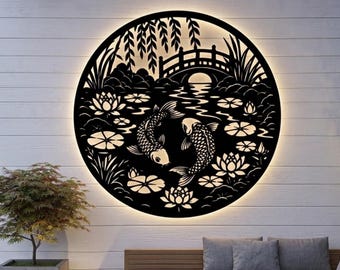 Koi Fish SVG File, Japanese Zen Garden Pond with Water Lilies, Wall Art Panel Design, Laser Cut DXF svg, Cricut Glowforge cnc