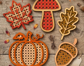 Autumn 5 SVG Bundle – Leaves, Acorn, Pumpkin, Mushroom, Rattan Cane Pattern | Laser Cut Files DXF AI | Autumn Decor Design