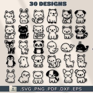 May include: A selection of 30 monochrome animal illustrations, including cats, dogs, and a panda. The image features the text "30 DESIGNS" at the top. File formats are listed at the bottom of the image.