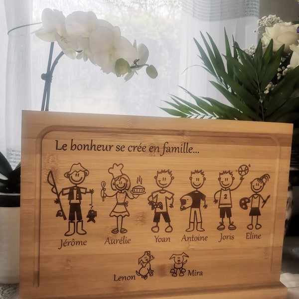 Grande planche à découper personnalisée 45x35cm personnages famille, cadeau couple, homme, femme, fête des pères, des mères, anniversaire...