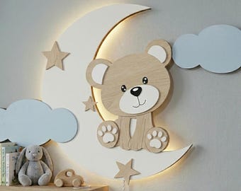Baby Nursery Wall Decor SVG | Teddy Bear Moon Stars Night Light | Personalized Baby Gift | Laser Cut File DXF Glowforge xTool
