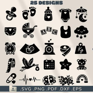 Op de afbeelding: Zwart-witte vectorillustraties van baby-thema ontwerpen. Inclusief een fopspeen, babyvoetjes, een fles, een romper, een mobiel, een luier, een kinderwagen, ABC-blokken, een slab, een wolk, een wekker, een echo, een weegschaal, een meetlint en meer.