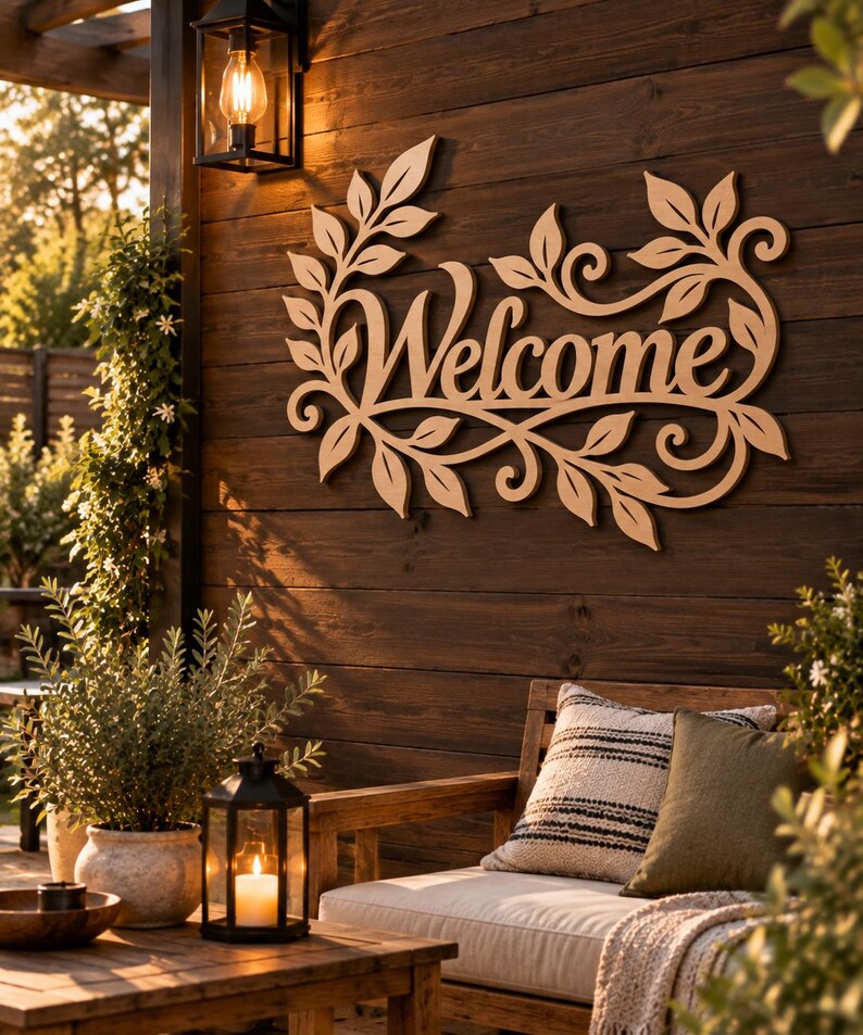 Leaf Design Dxf File Welcome Sign SVG DXF | Laser Cut File | Botanical Wall Decor | Wood ...